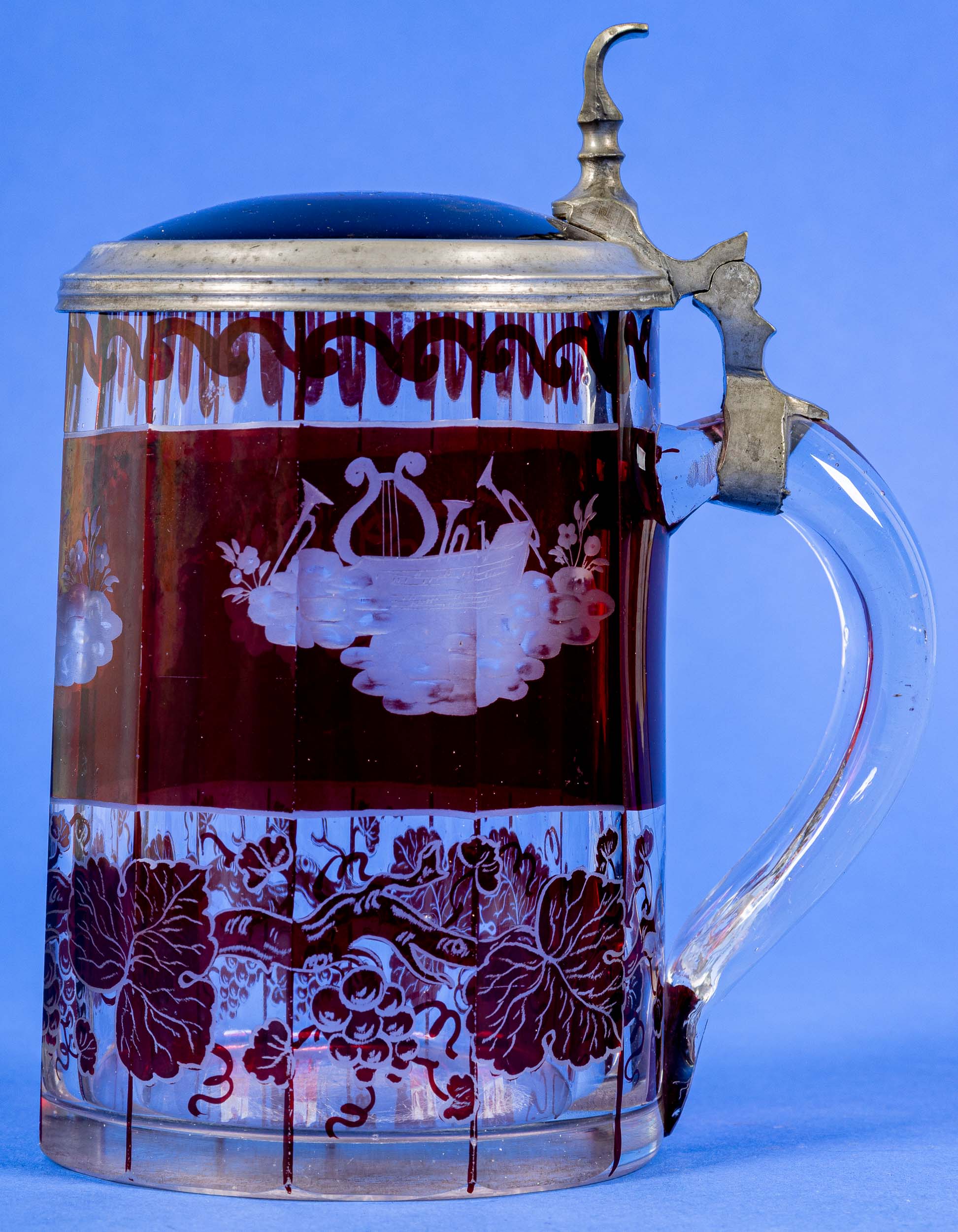 Prachtvoller Glasdeckelhumpen, Ende 19. Jhdt., teilweise rot überfangenes, mit versch. Dekoren gesc - Bild 2 aus 6
