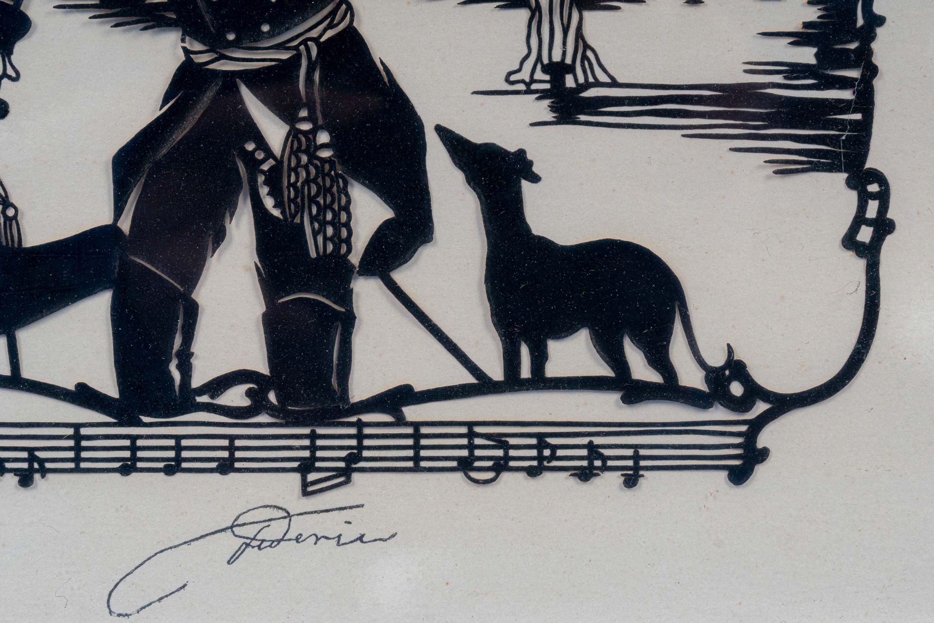 "Der Alte Fritz" mit seinen Hunden vor Schloss Sancoussi; hinter Glas gerahmter Scherenschnitt, Abb - Image 4 of 6