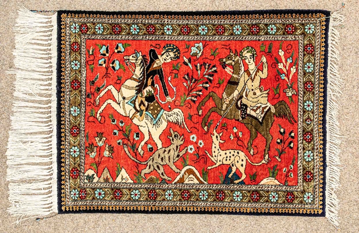 Kleiner Jagdteppich, Ghom, ca. 60 x 80 cm, Iran der 1980er/90er Jahre; sehr schöner Erhalt; hing ja