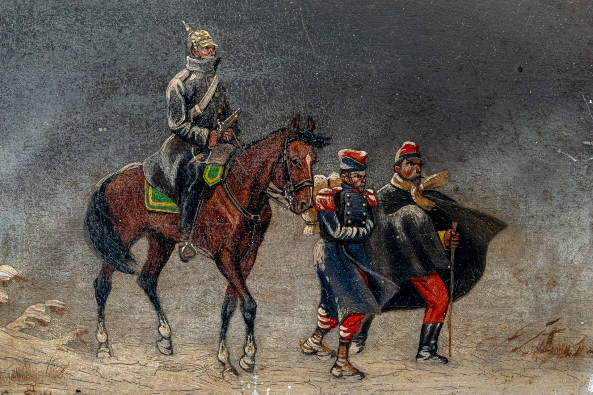 "Deutscher Kavallerist im Winter 1870 /71", 2 französische Kriegsgefangene mit sich führend. Kleinf - Image 2 of 8