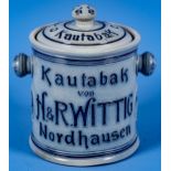 Alter Kautabaktopf "H. und R. Wittig", blau-graues Steinzeug mit Deckel, Fassungsvermögen 2,5 l, Hö