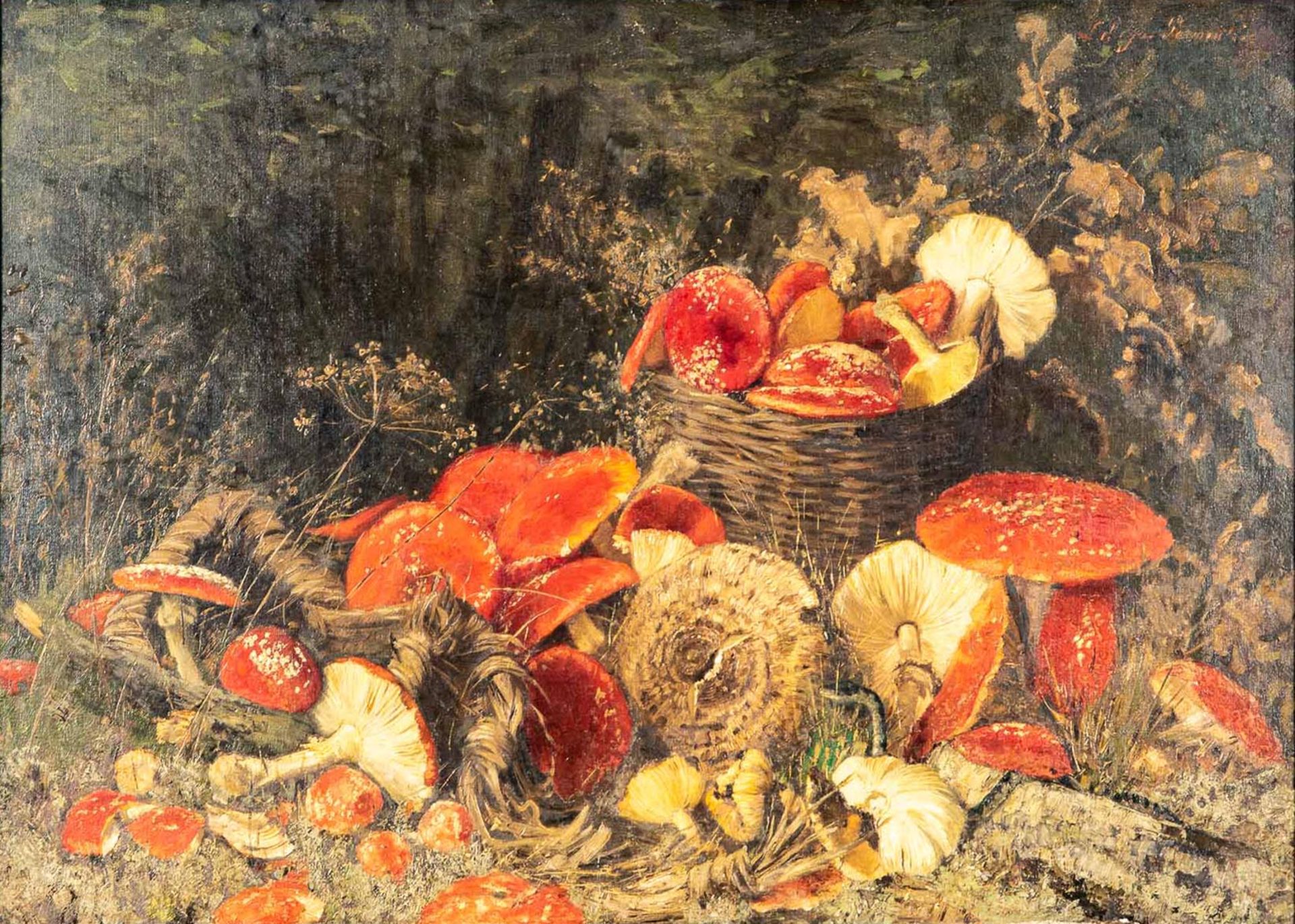 "Herbstliche Pilzsammlung", Gemälde Öl auf Holzplatte, ca. 65x92 cm, oben rechts signiert: L. Begas - Image 2 of 10
