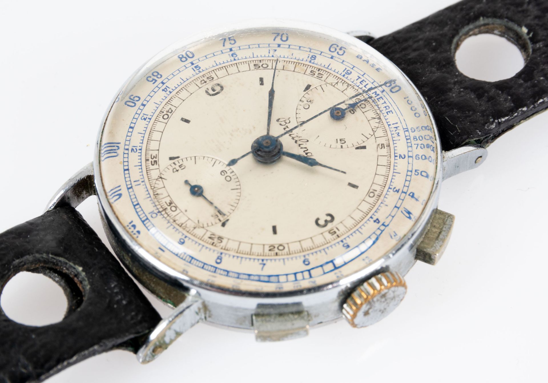 Orig. BREITLING Flieger-Chronograph der 1930/40er Jahre, schön erhaltenes rundes Edelstahlgehäuse,  - Bild 3 aus 5