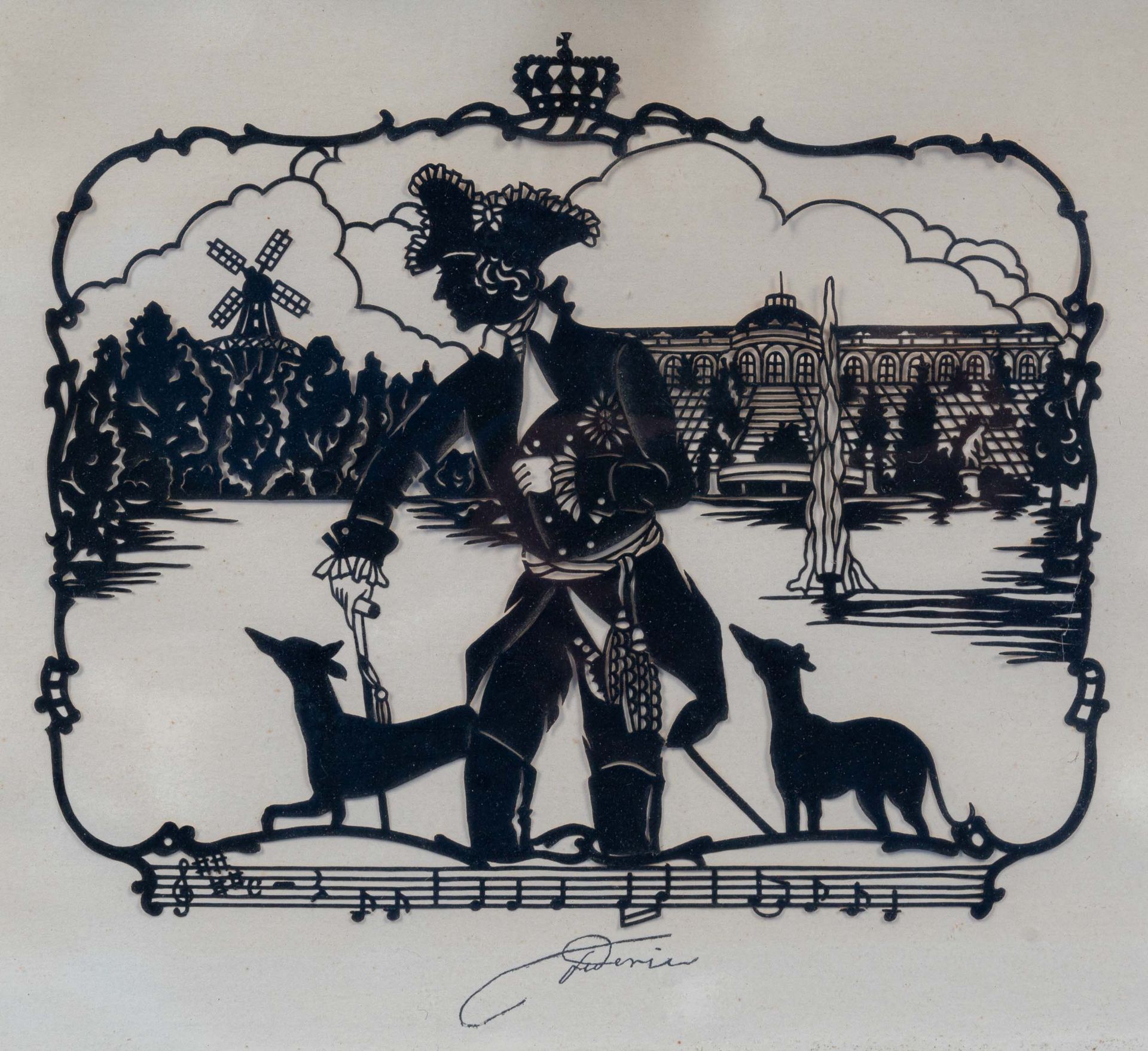 "Der Alte Fritz" mit seinen Hunden vor Schloss Sancoussi; hinter Glas gerahmter Scherenschnitt, Abb - Image 2 of 6