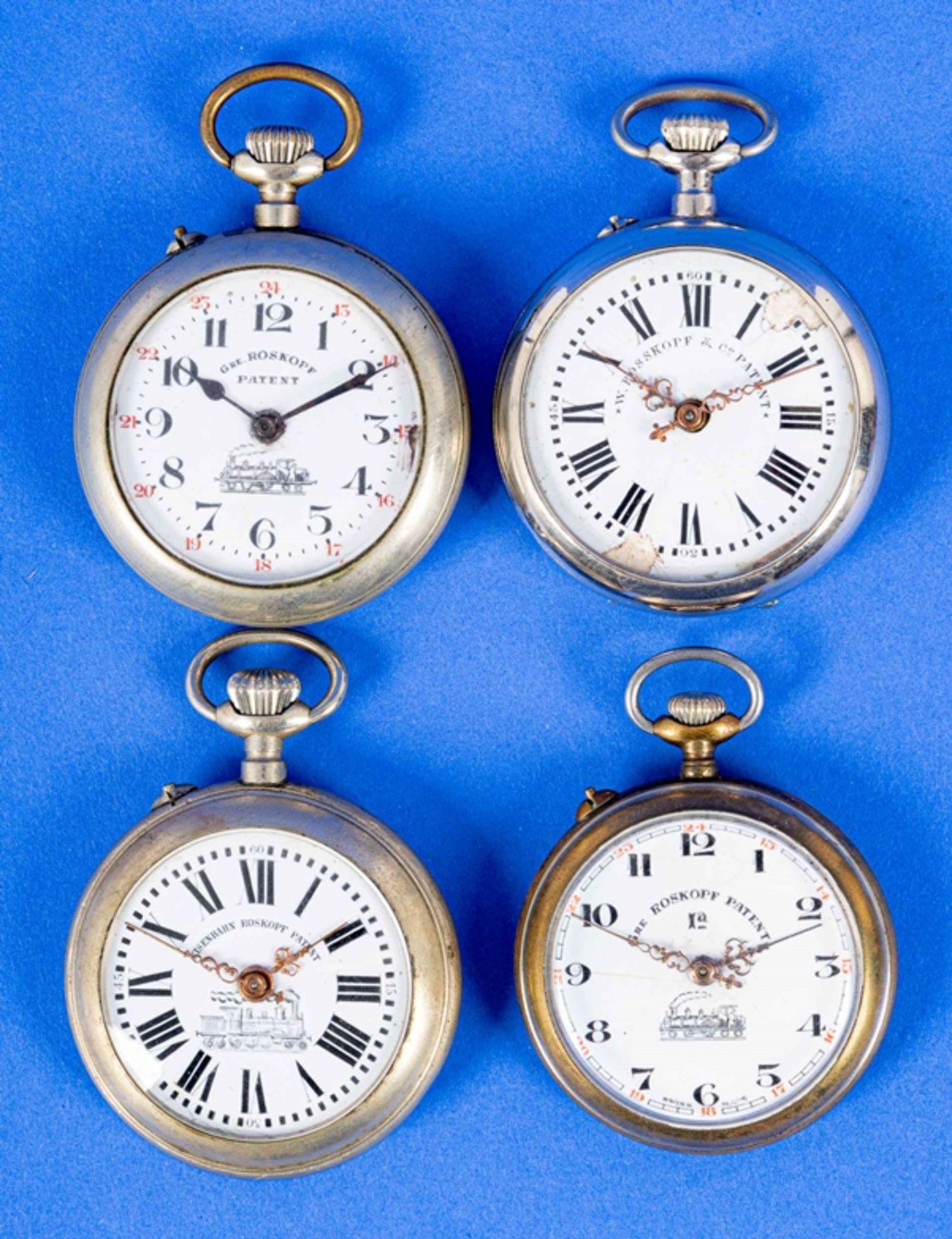 4teilige Sammlung Roßkopf'scher Patent-Taschenuhren, Ende 19. bzw. Anfang 20. Jhdt., versch. Alter,