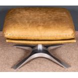 Fußhocker eines Lounge-Chairs, sandfarbenes helles Leder, 4passiger Fuß aus poliertem Aluminiumguss