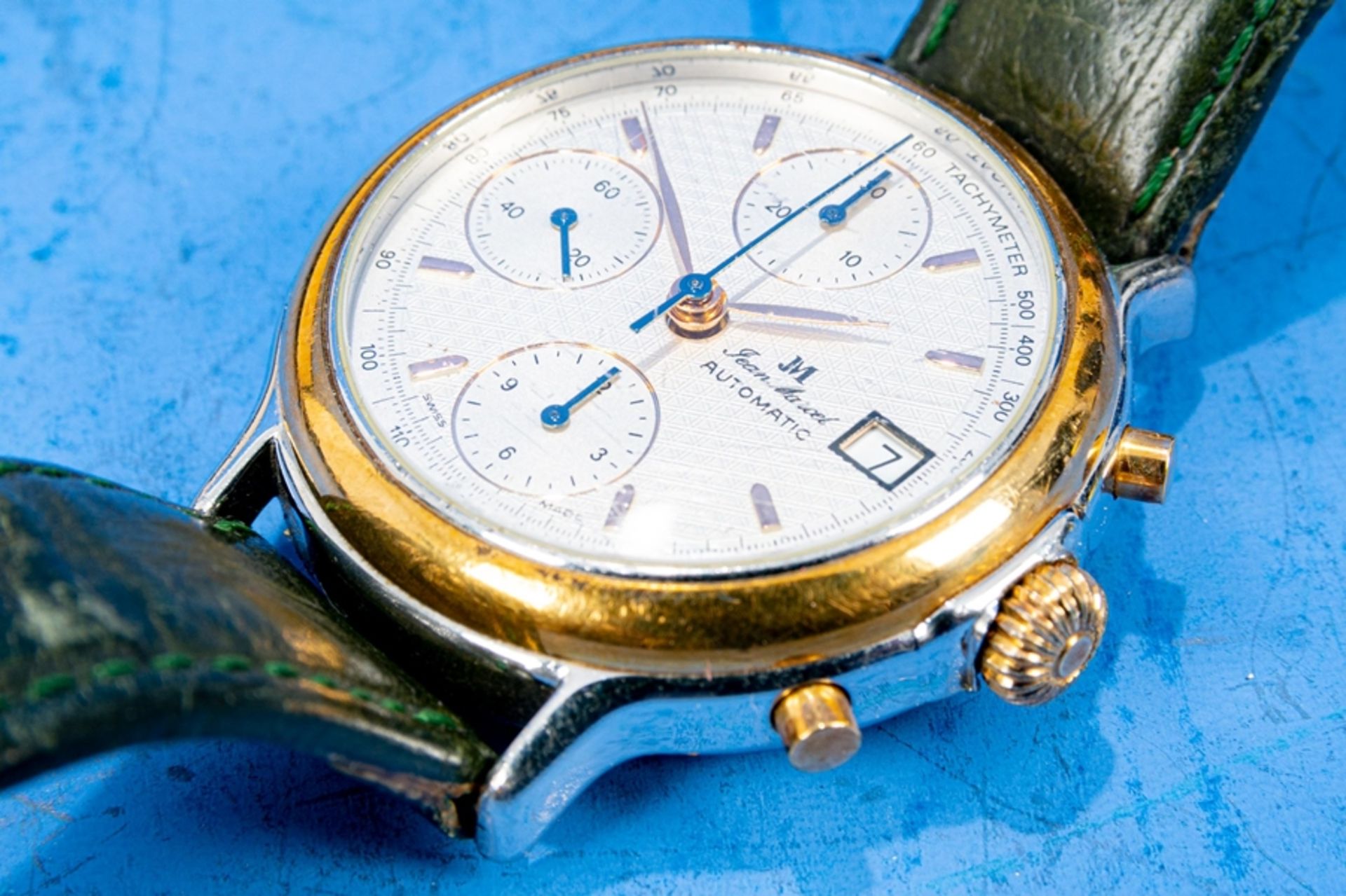 JEAN MARCEL AUTOMATIC CHRONOGRAPH, Herrenarmbanduhr, Stahl / Gold, an Lederarmband mit Faltschließe - Bild 3 aus 4