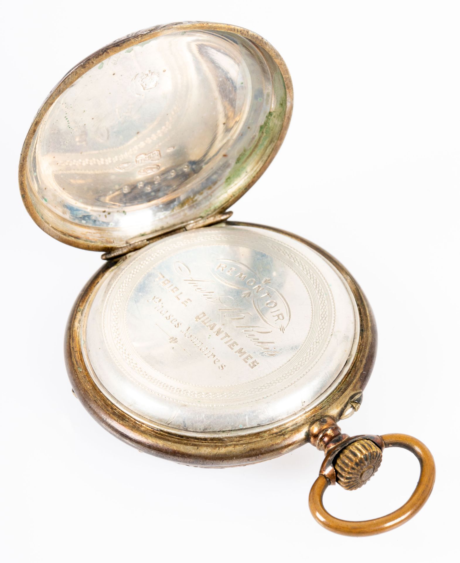 Silberne Herrentaschenuhr mit Mondphase und Kalender, 800er Silbergehäuse, Werk defekt/ohne Funktio - Bild 4 aus 6