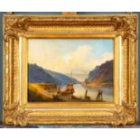 "Rhein-Landschaft", Gemälde Öl auf Leinwand, wohl unsigniert, stimmungsvolle Flusslandschaft mit Se