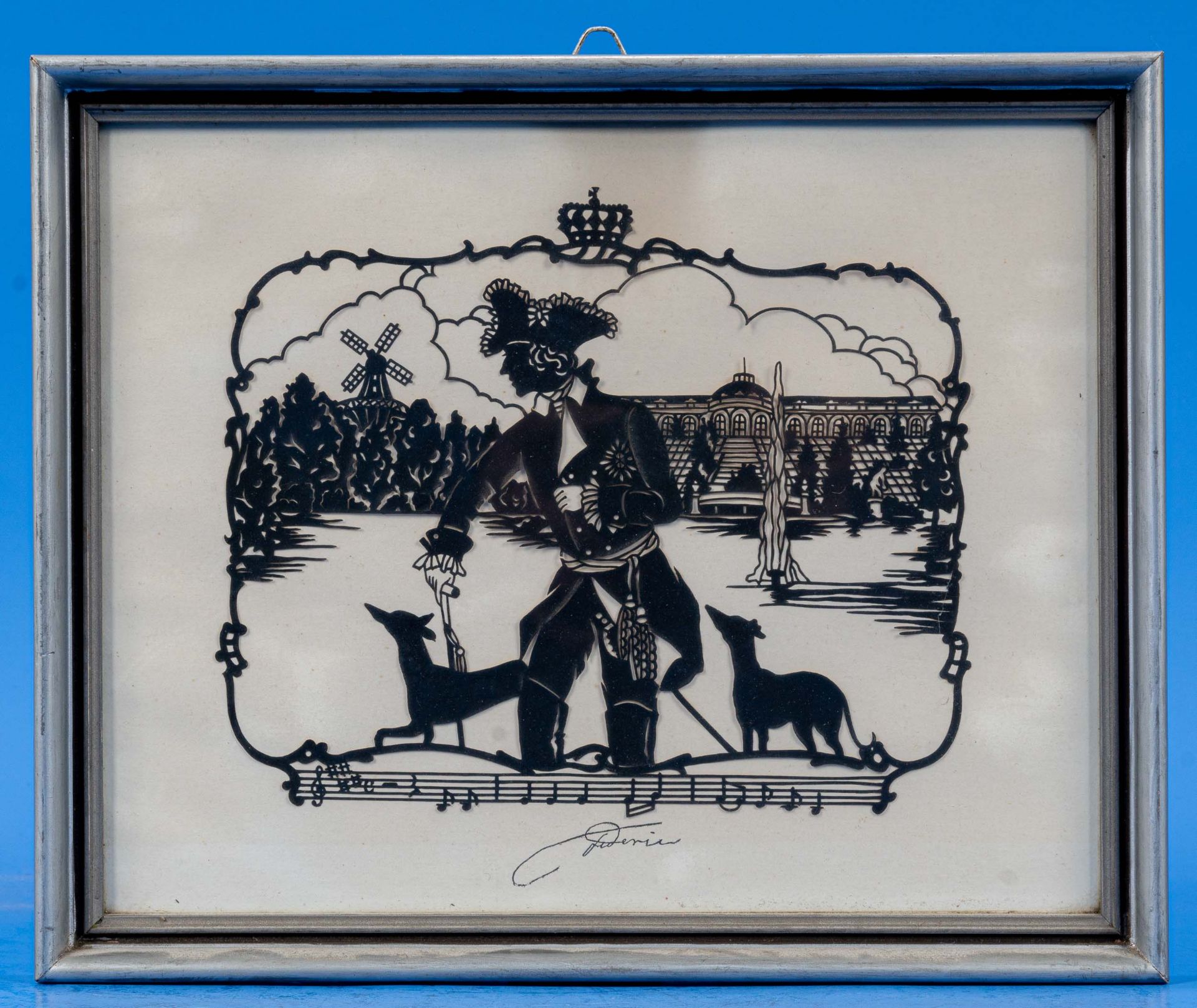 "Der Alte Fritz" mit seinen Hunden vor Schloss Sancoussi; hinter Glas gerahmter Scherenschnitt, Abb