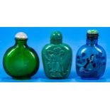 3teiliges Konvolut versch. Snuff-Bottles, 1 x Malachit (Höhe ca. 7 cm), 1 x von innen bemaltes Glas