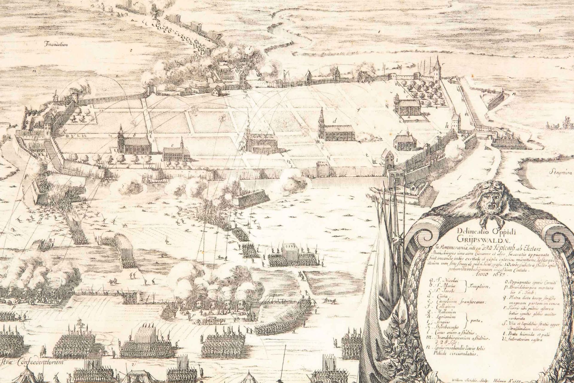 "Ansicht von Greifswald" (GRYESWALD AE), gestochen von Willem Swidde Holmia aus dem Jahre 1688; hin - Image 3 of 11