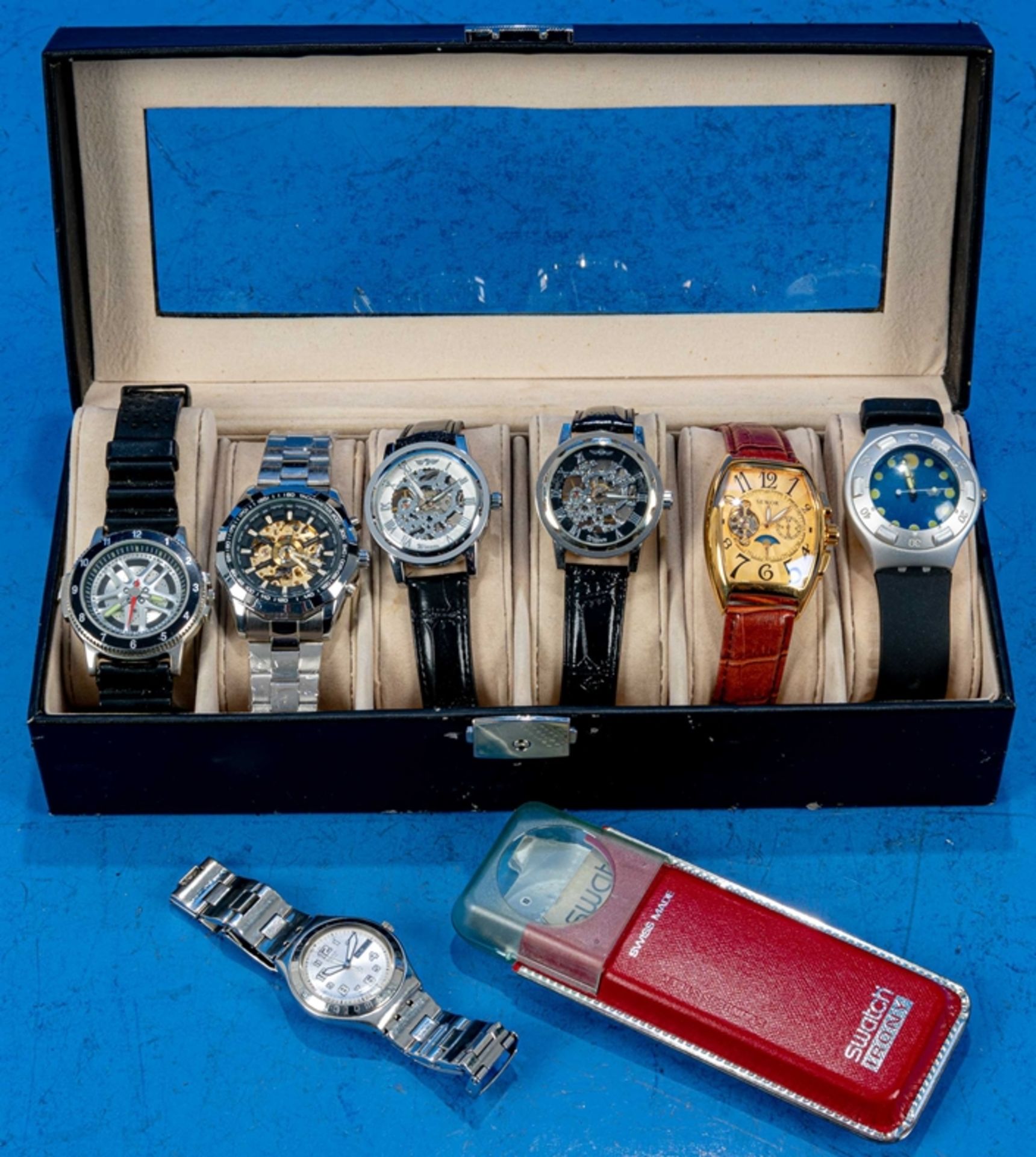 7teilige Uhrensammlung, u. a. der Marke Swatch; versch. Alter, Größen, Materialien, Hersteller, Wer