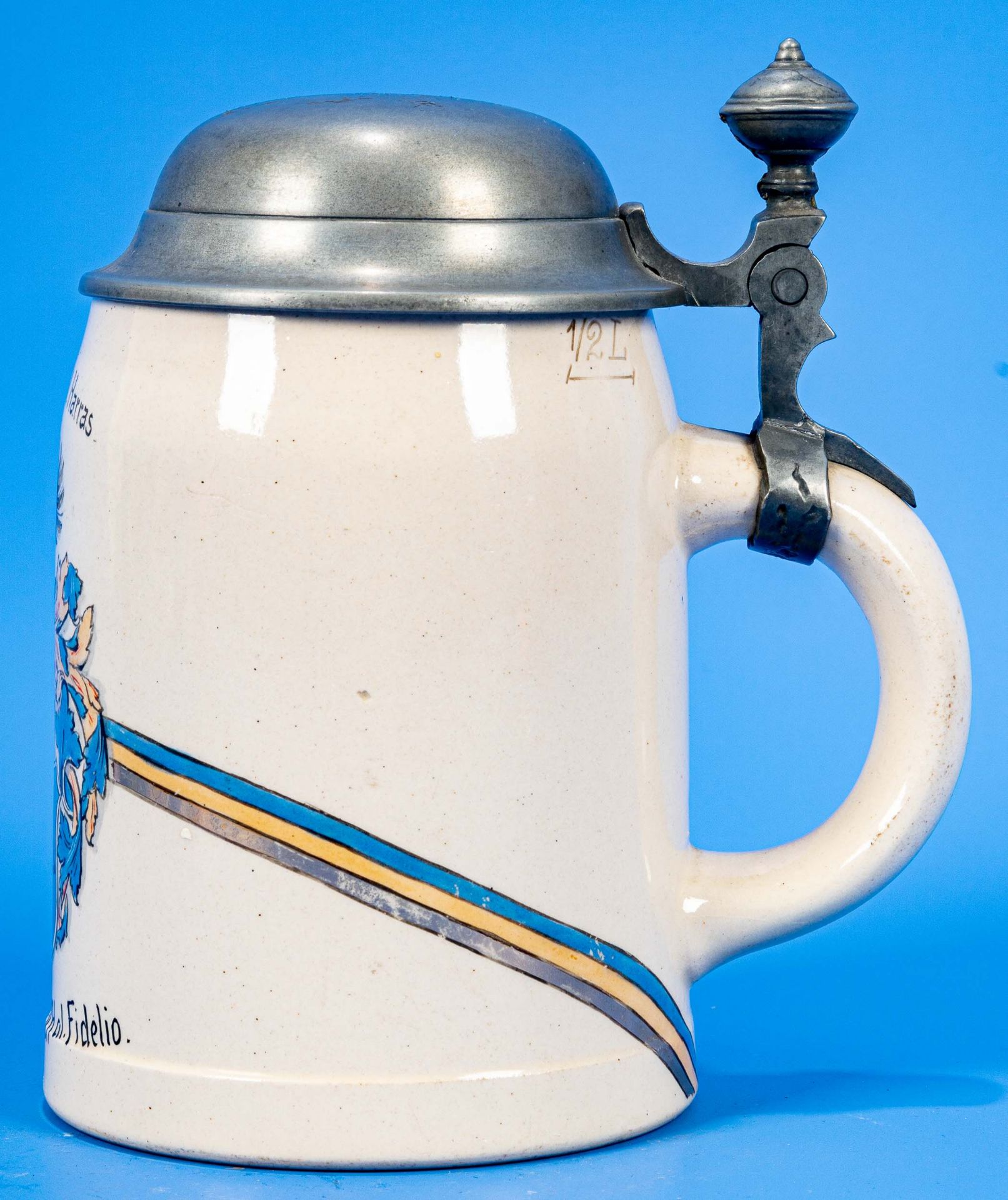 Zerbster Studenten-Bierkrug mit gewölbter Zinndeckelmontur, 0,5 l Fassungsvermögen, polychromer Dek - Image 2 of 9