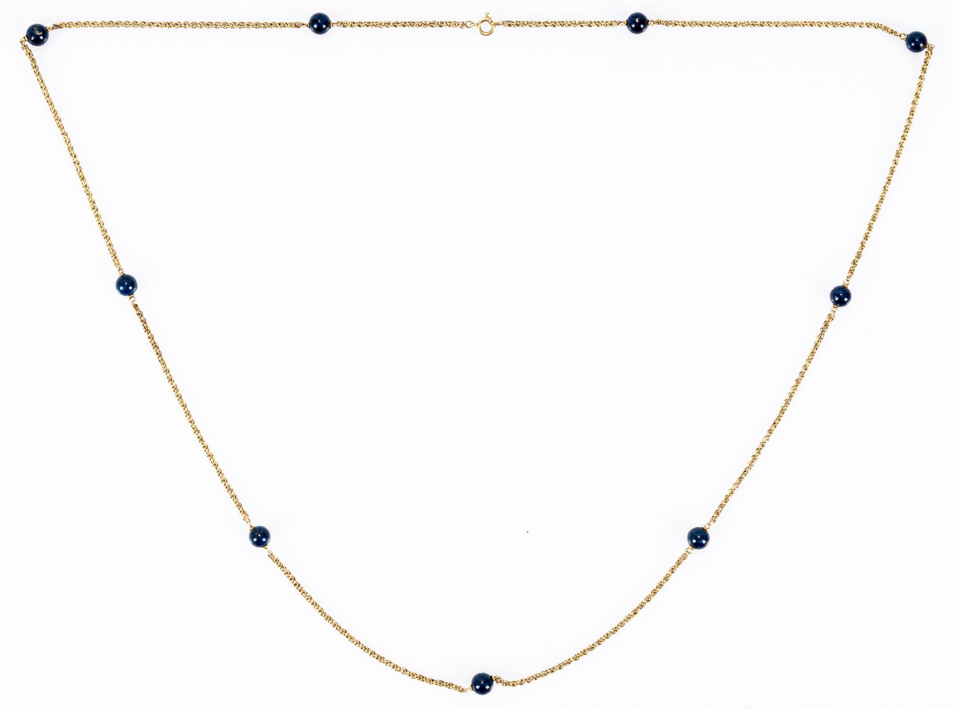 Elegante Halskette, ca. 80 cm lange, zarte 585er Gelbgold Gliederkette, von insgesamt 9 Lapislazuli