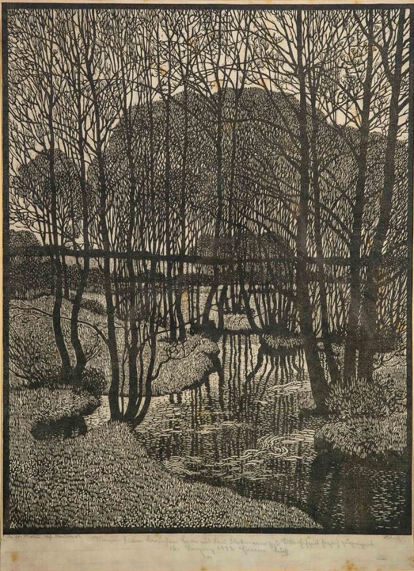 "An der Aschau", orig. Holzschnitt um 1914 (Druckträger Obstholz), Platte ca. 50,7 x 39 cm, des Alb - Image 2 of 11