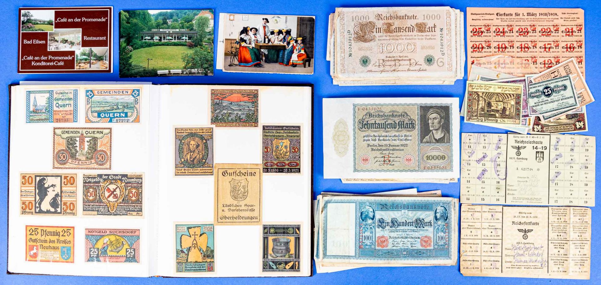 Kleine Privatsammlung "Geldscheine/Banknoten & Notgeldscheine", wenige Post- & Ansichtskarten beige