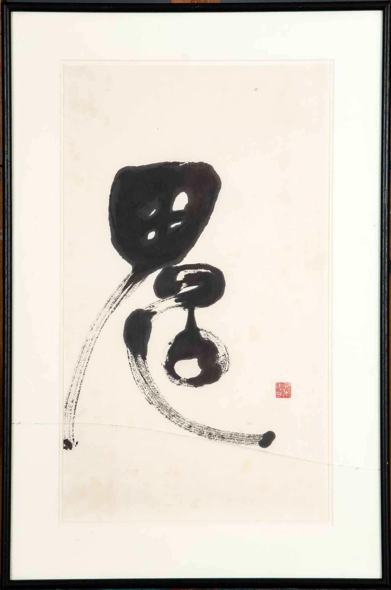 Hinter Glas gerahmte chinesische Tuschmalerei in Passepartout, Blattmaß ca. 58,5 x 34 cm, Rahmen be