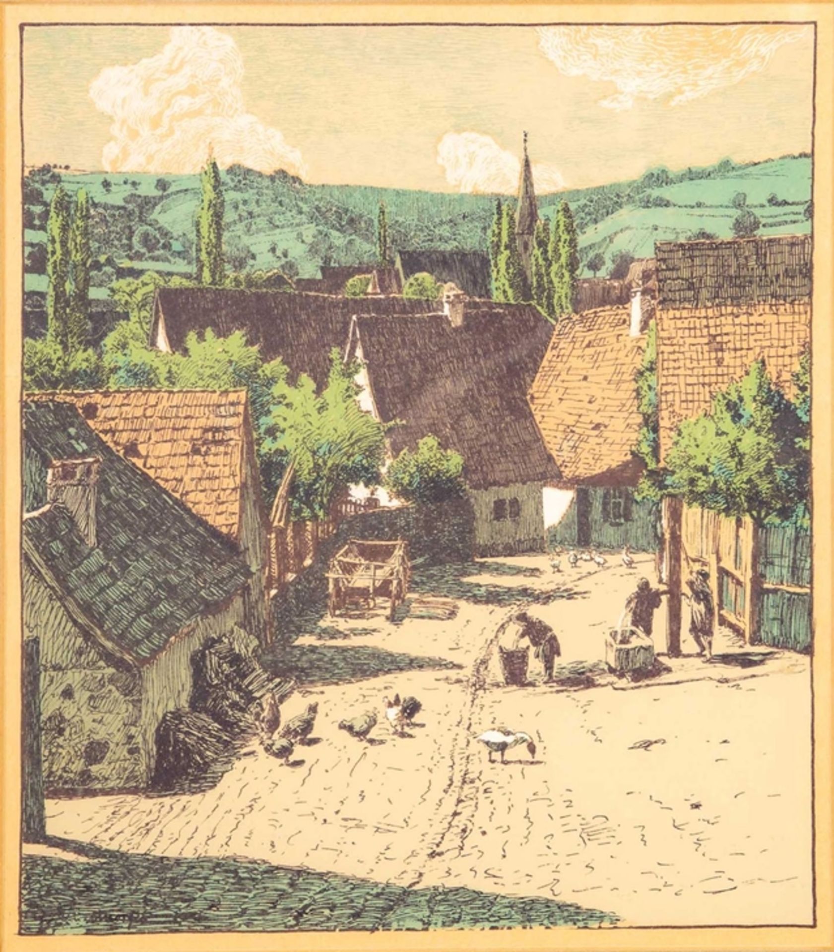 "Dörfliches Idyll", hinter Glas gerahmter Farbholzschnitt, in der Platte unten links signiert: F. R - Image 2 of 8