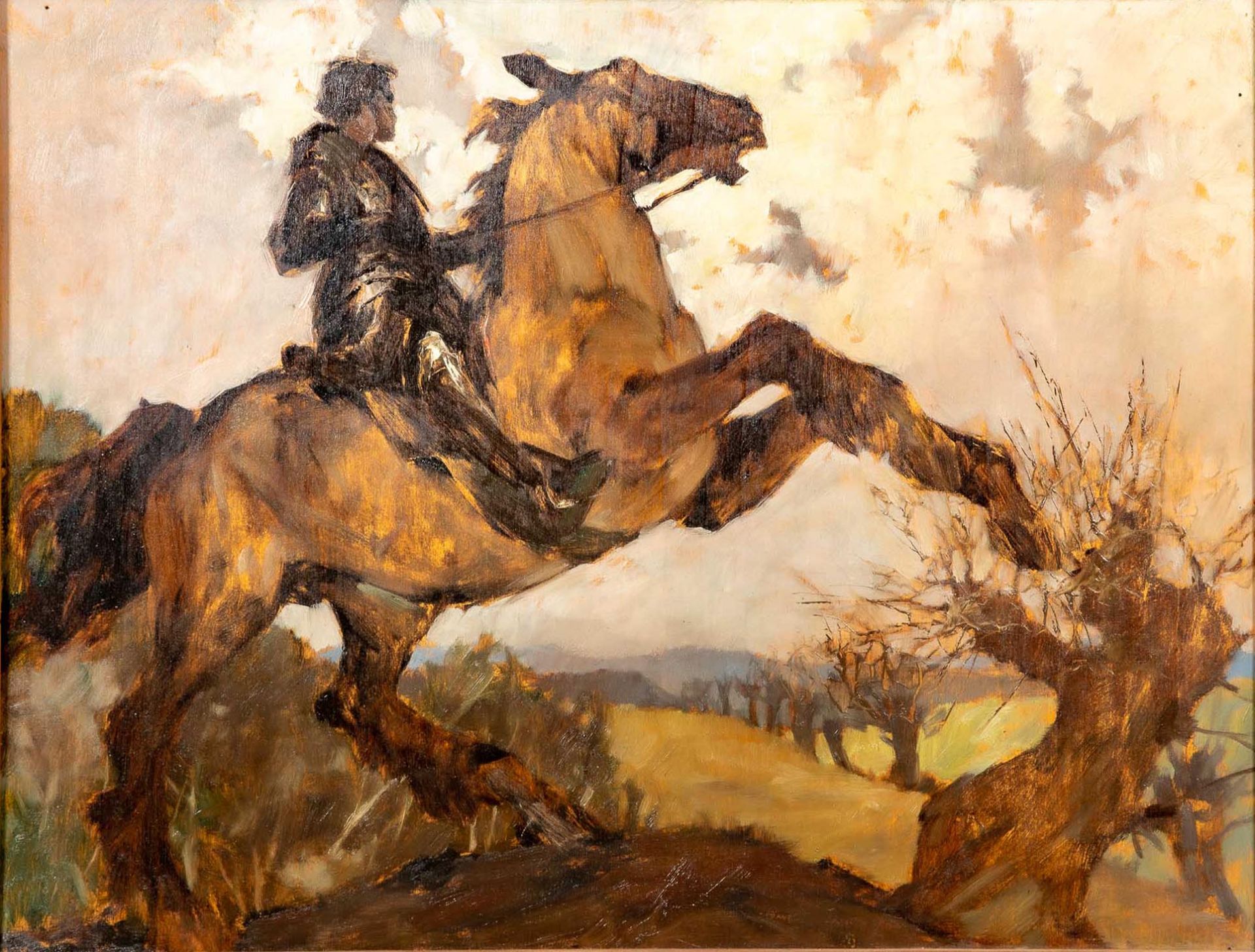 Sich aufbäumendes Pferd mit einem in die Ferne blickenden Ritter. Geharnischter Reiter auf einer An - Image 2 of 7