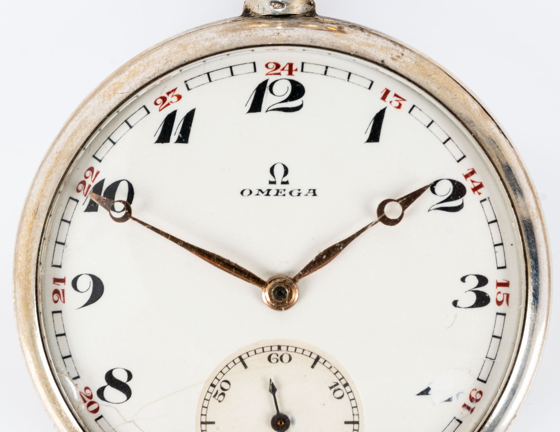 OMEGA - Taschenuhr im 800er Silbergehäuse, gepflegter, unperfekter Erhalt, Ziffernblatt mit Rissen  - Bild 3 aus 7