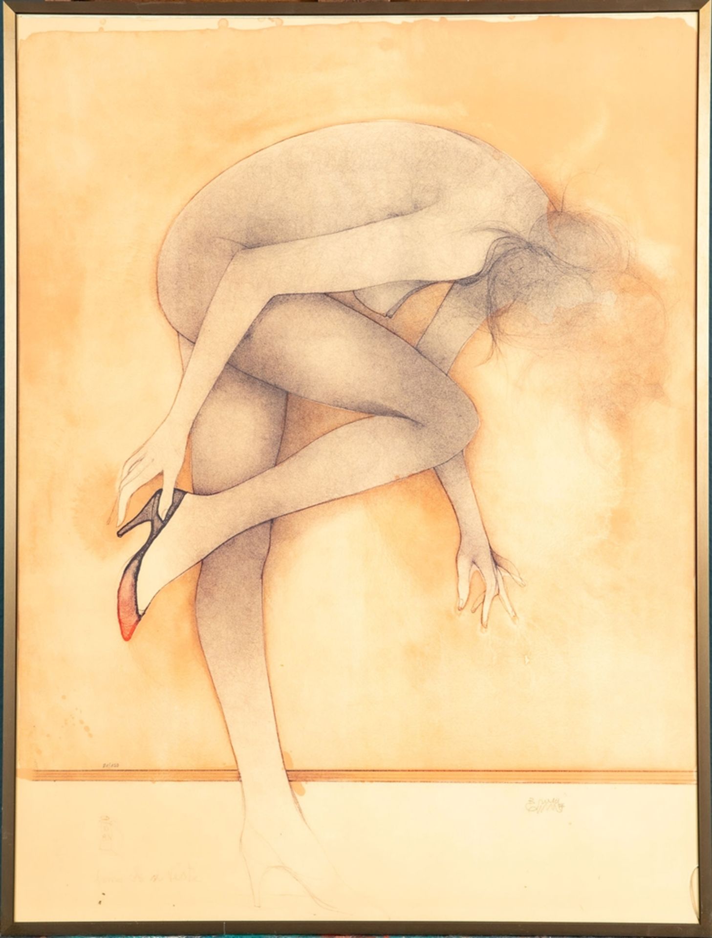 "Donna che si veste", hinter Glas gerahmte originale Lithographie in 5 Farben des Bruno Bruni; Aufl
