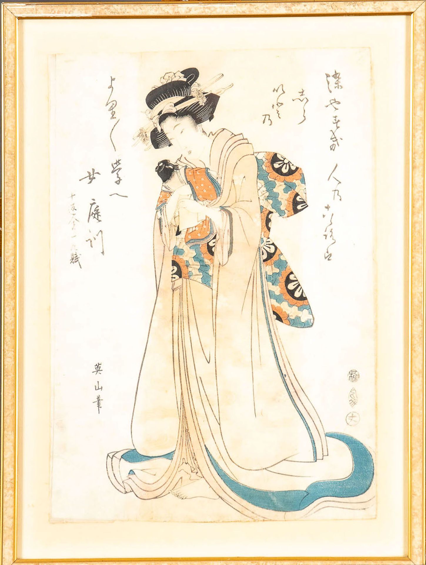 "Mutter und Kind", japanischer Farbholzschnitt des 19. Jhdts., hinter Glas auf Blatt montiert gerah