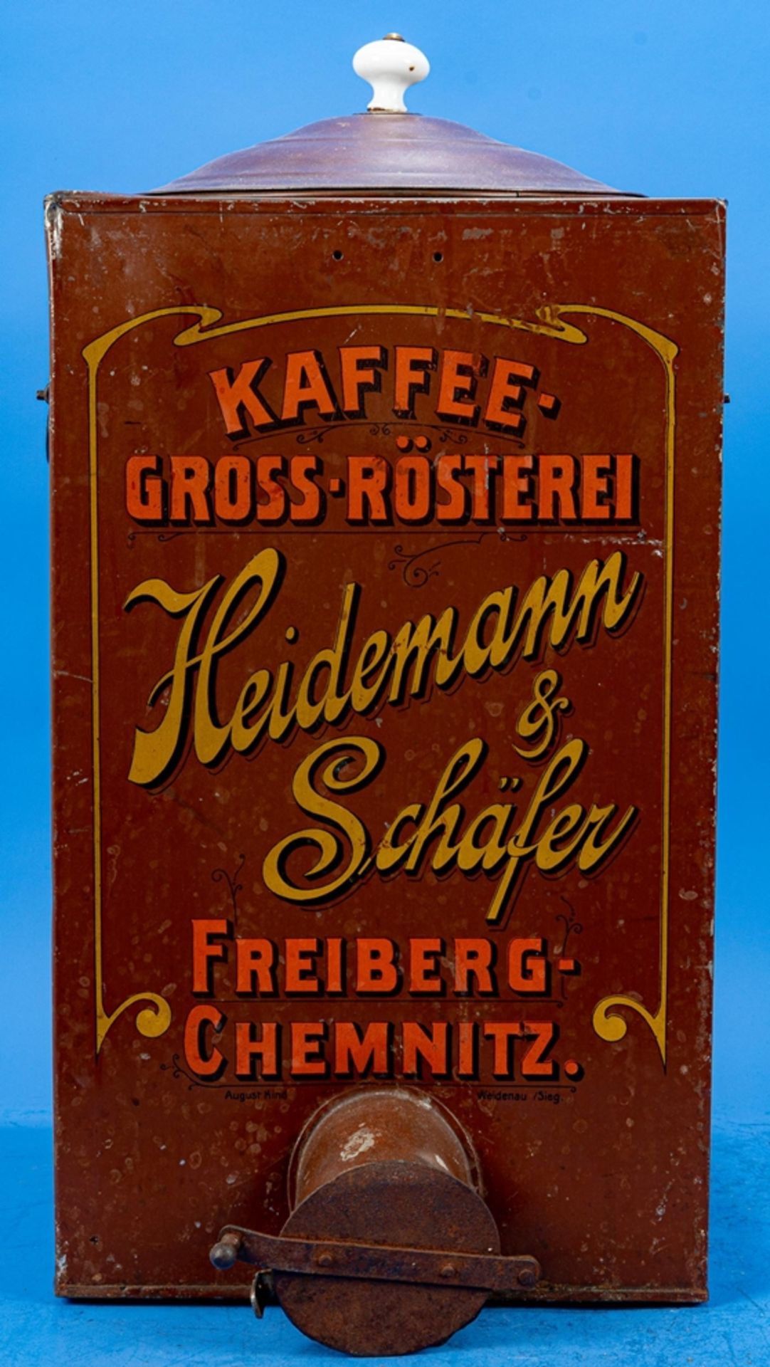 Antike "KAFFEEDOSE", rotbräunlich lackiertes Blech, in der Front bez.: "KAFFEE GROSS RÖSTEREI - "HE - Image 2 of 7