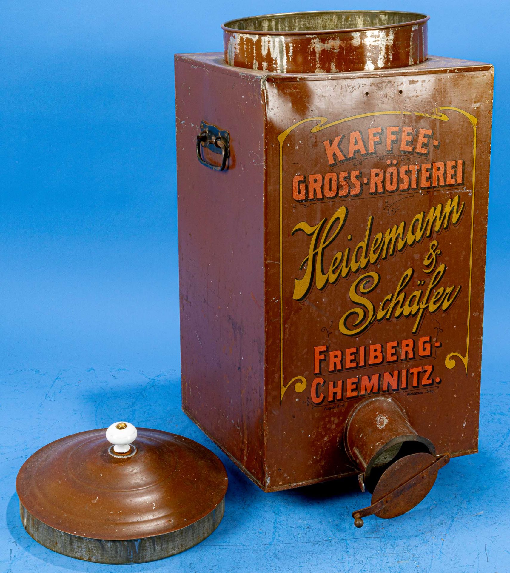 Antike "KAFFEEDOSE", rotbräunlich lackiertes Blech, in der Front bez.: "KAFFEE GROSS RÖSTEREI - "HE - Image 6 of 7
