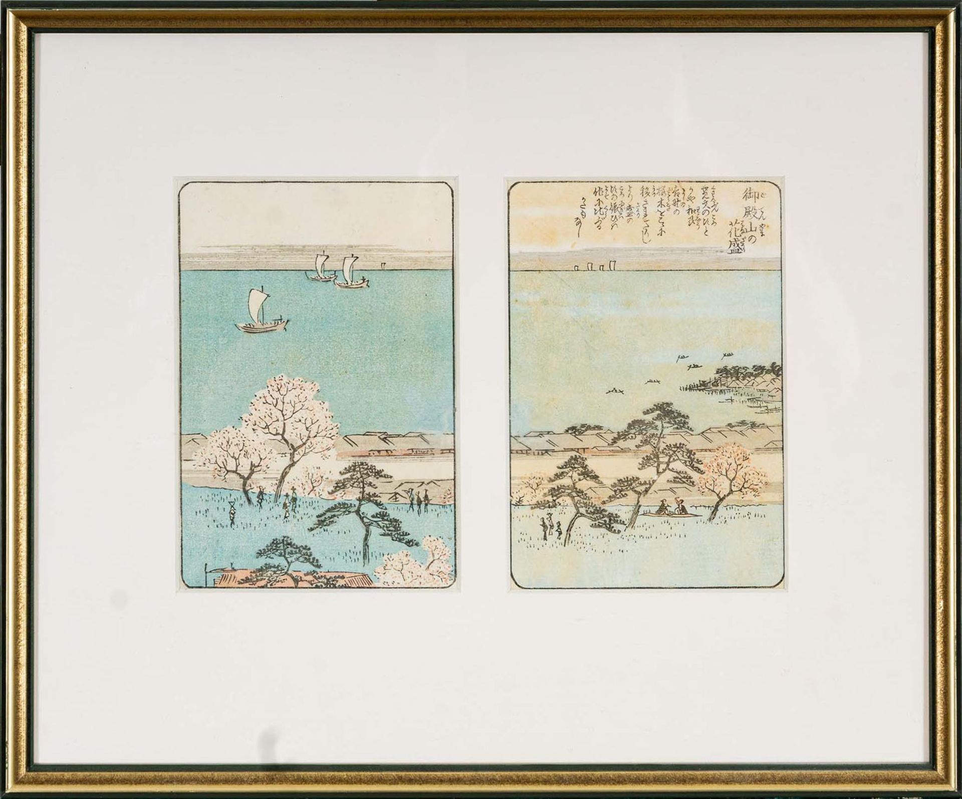 Paar hinter Glas gerahmter japanischer, kleinformatiger Farbholzschnitte, Abbildung je ca. 16,5 x 1