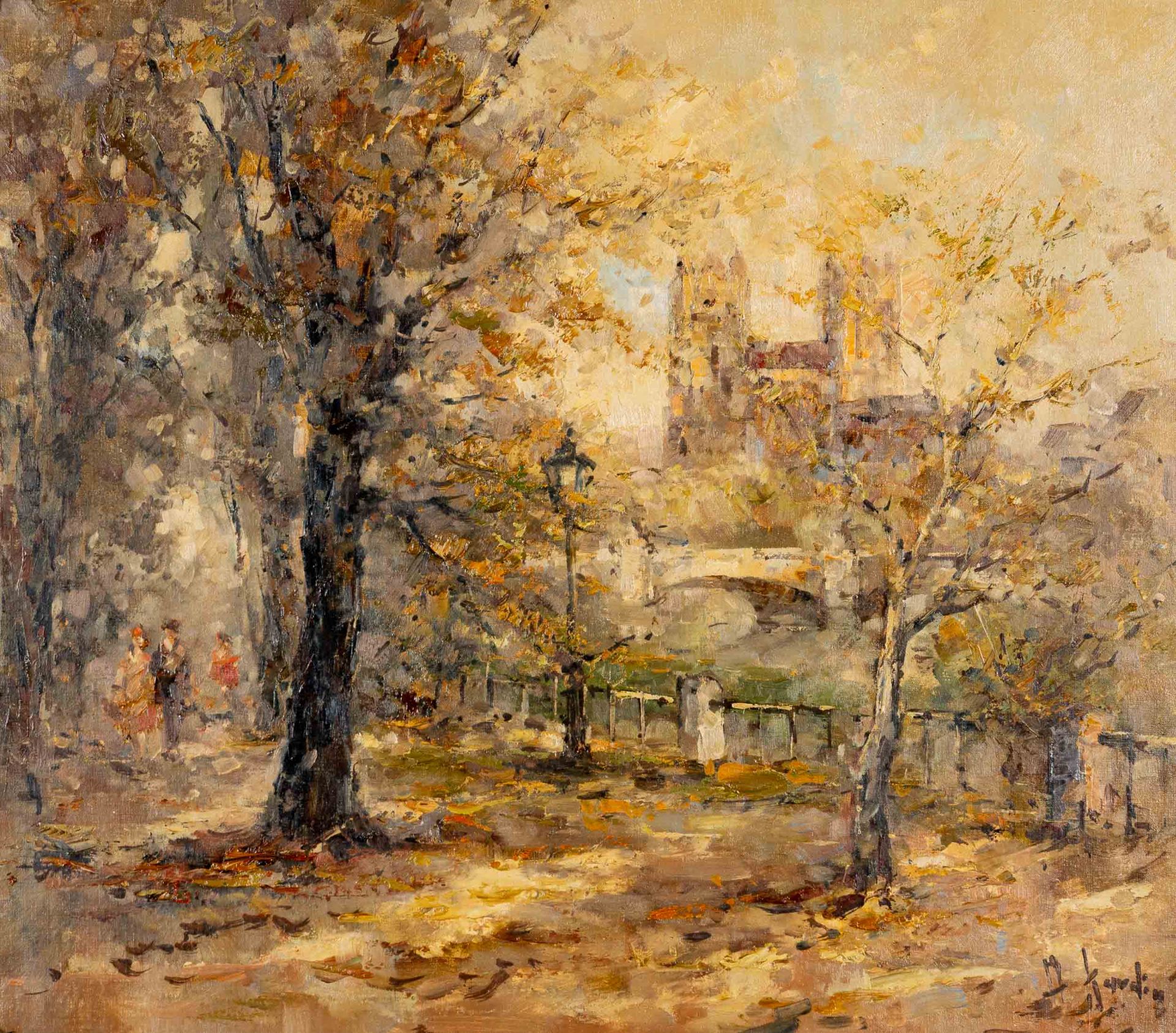 Herbstliches Paris mit Notre Dame im Hintergrund; Gemälde Öl auf Leinwand, ca. 70 x 80 cm, unten re - Image 2 of 9