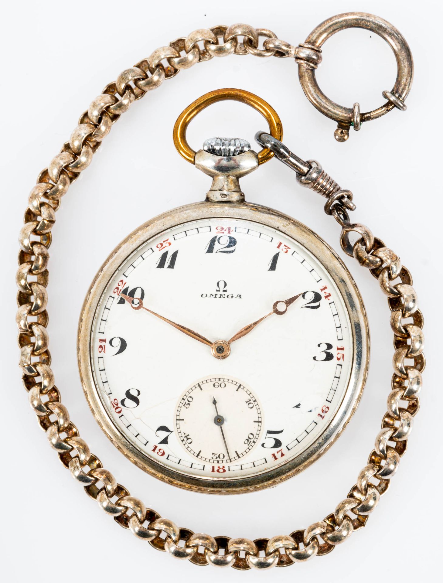 OMEGA - Taschenuhr im 800er Silbergehäuse, gepflegter, unperfekter Erhalt, Ziffernblatt mit Rissen