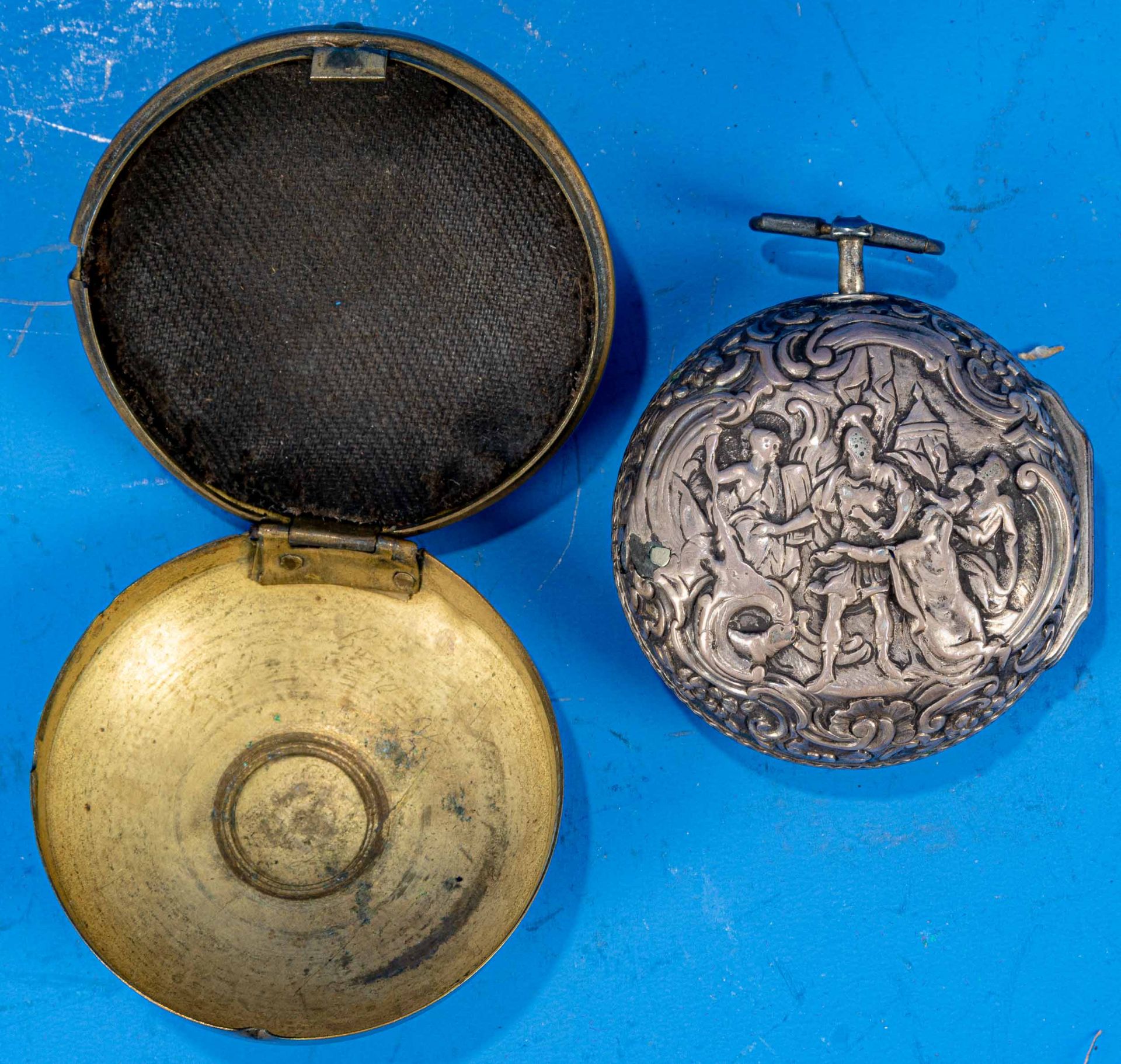 5teiliges Konvolut antiker Spindel-Taschenuhren bzw. Teile derer,  18. Jhdt., versch. Alter, Größen - Bild 11 aus 14