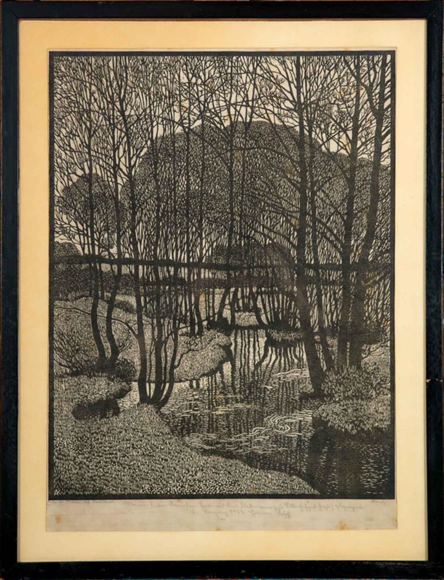 "An der Aschau", orig. Holzschnitt um 1914 (Druckträger Obstholz), Platte ca. 50,7 x 39 cm, des Alb