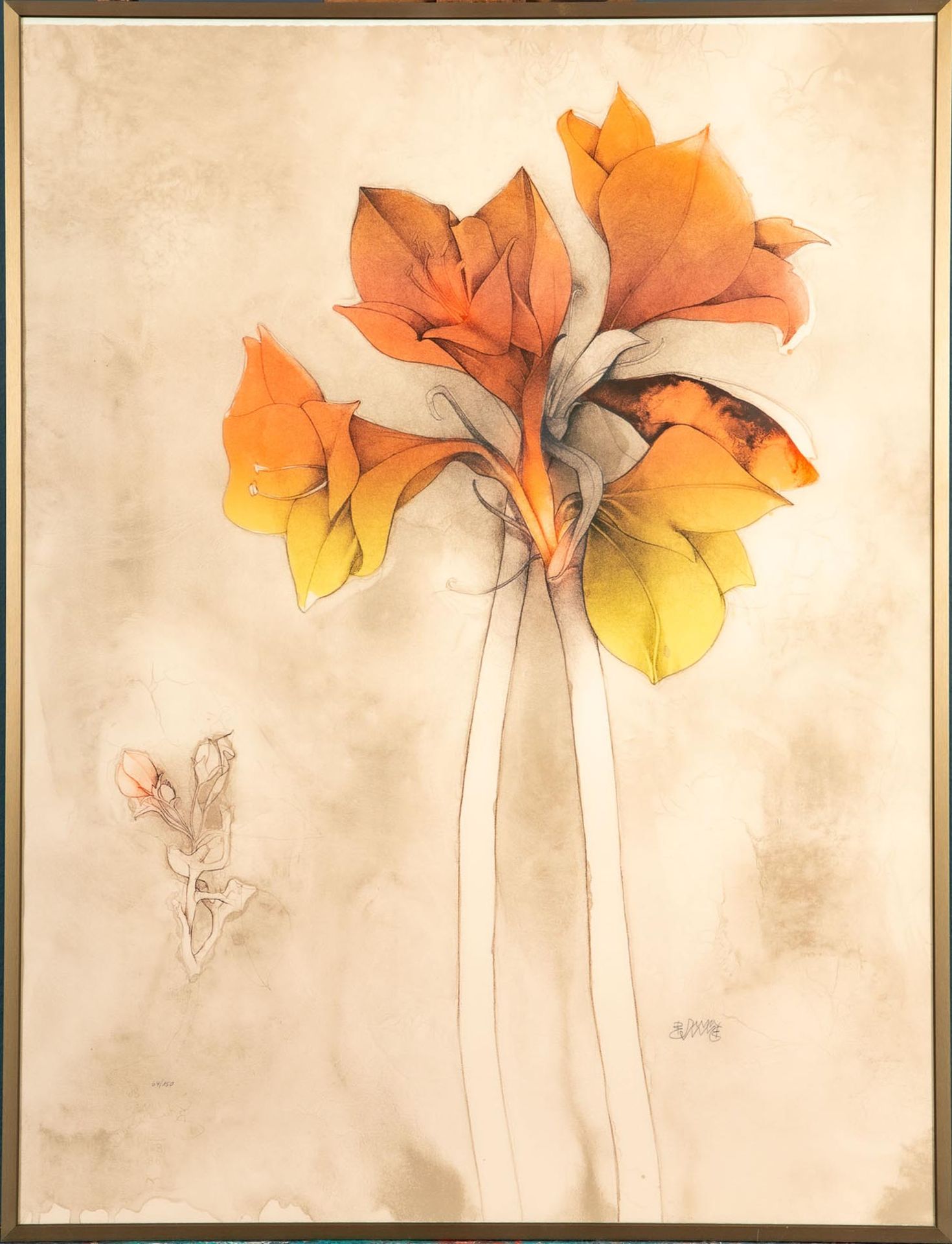 "Amaryllis", hinter Glas gerahmte orig. Lithographie in 3 Farben des Bruno Bruni, italienischer Mal