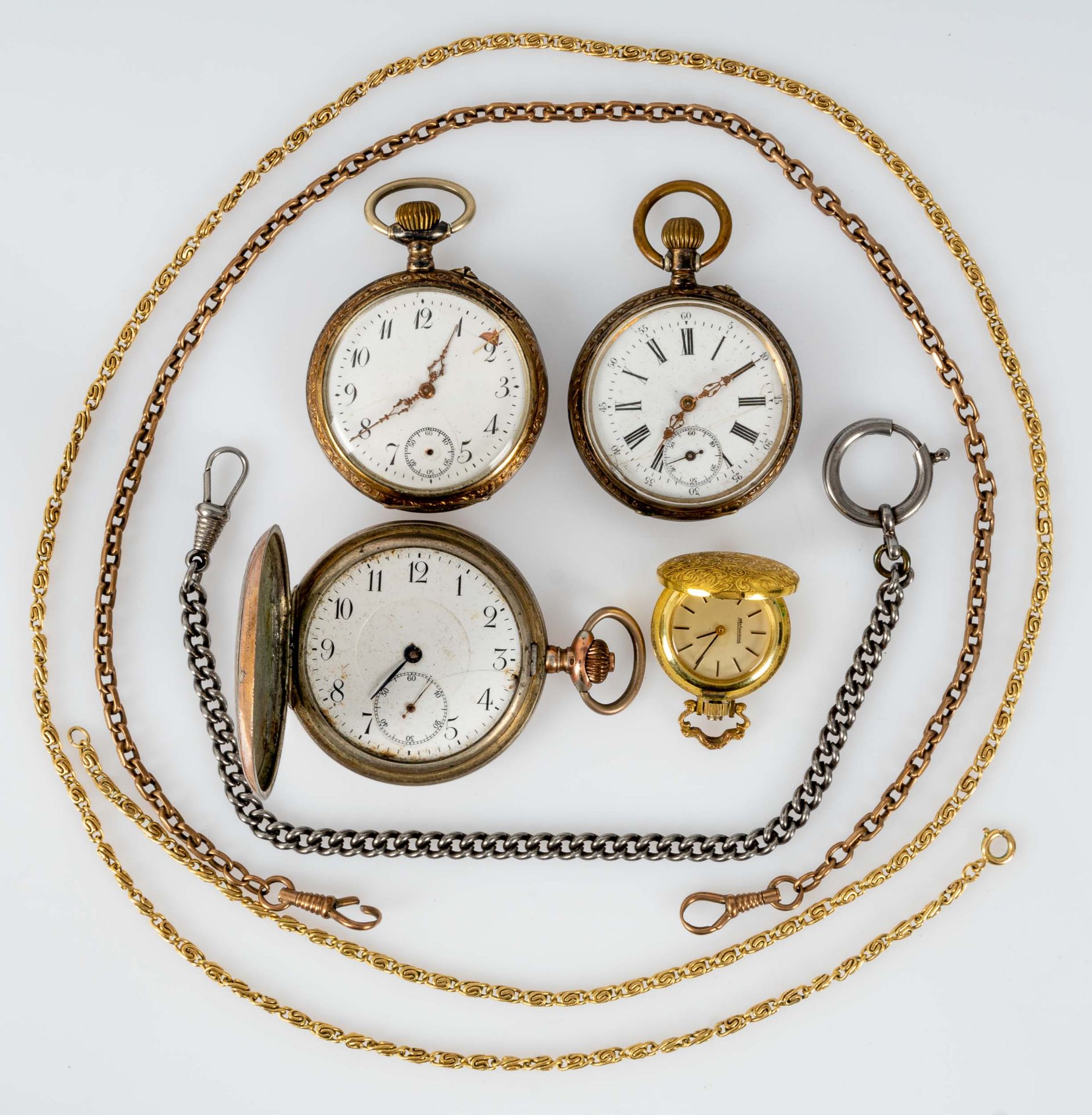 7teiliges Konvolut versch. Taschenuhren, bestehend aus 3 silbernen Taschenuhren, 1 vergoldete Schmu
