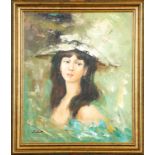 "Dame mit Hut", Gemälde Öl auf Leinwand, 2. Hälfte 20. Jhdt., ca. 60 x 50 cm, unten links sign.: J.