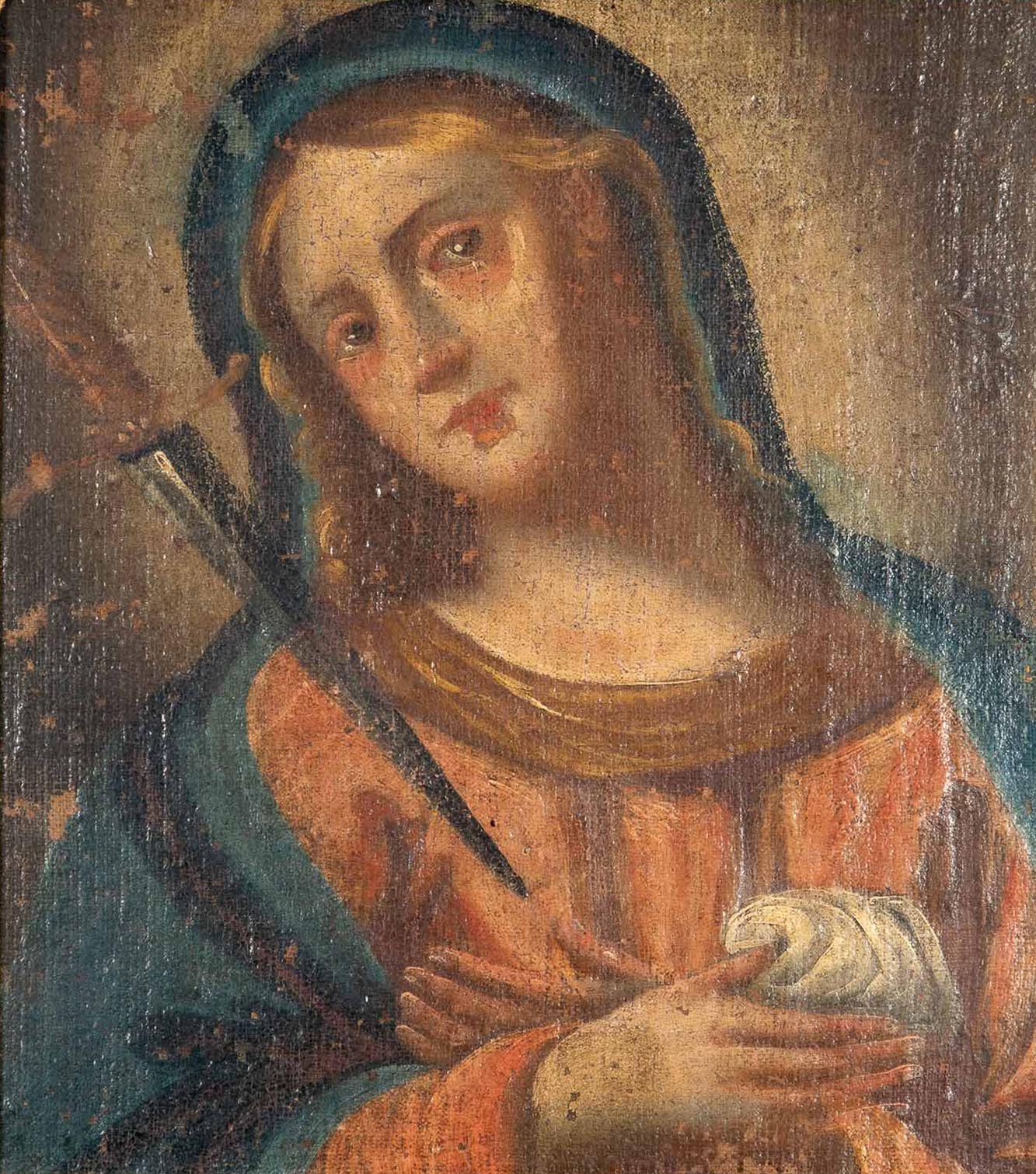 Antikes sakrales Gemälde, Öl auf Leinwand (diese auf Sperrholz geklebt), ca. 36 x 32 cm, zarter Gol - Image 2 of 5