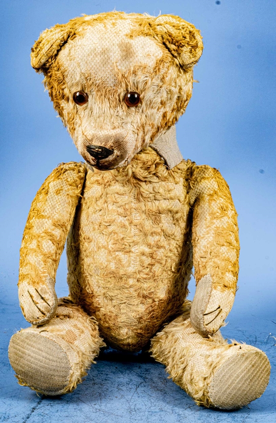 Antiker, (ursprünglich) gelber Mohair-Teddy der wohl 1920/30er Jahre, Kopf und Gliedmaßen beweglich