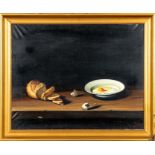 Stilleben mit Spiegelei und Brot, Gemälde Öl /Acryl auf Leinwand, 20. / 21. Jhdt., unten rechts sig