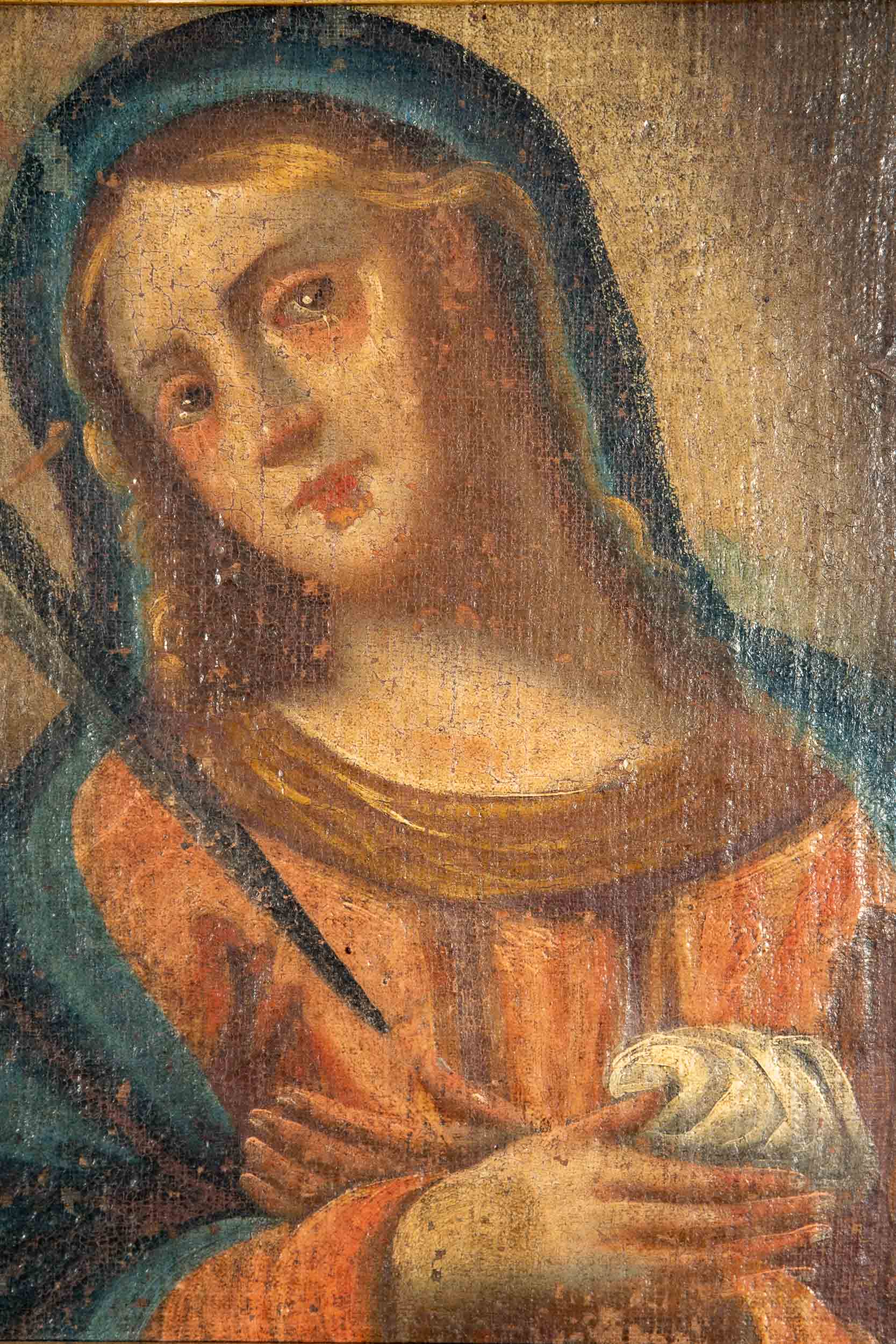Antikes sakrales Gemälde, Öl auf Leinwand (diese auf Sperrholz geklebt), ca. 36 x 32 cm, zarter Gol - Image 4 of 5
