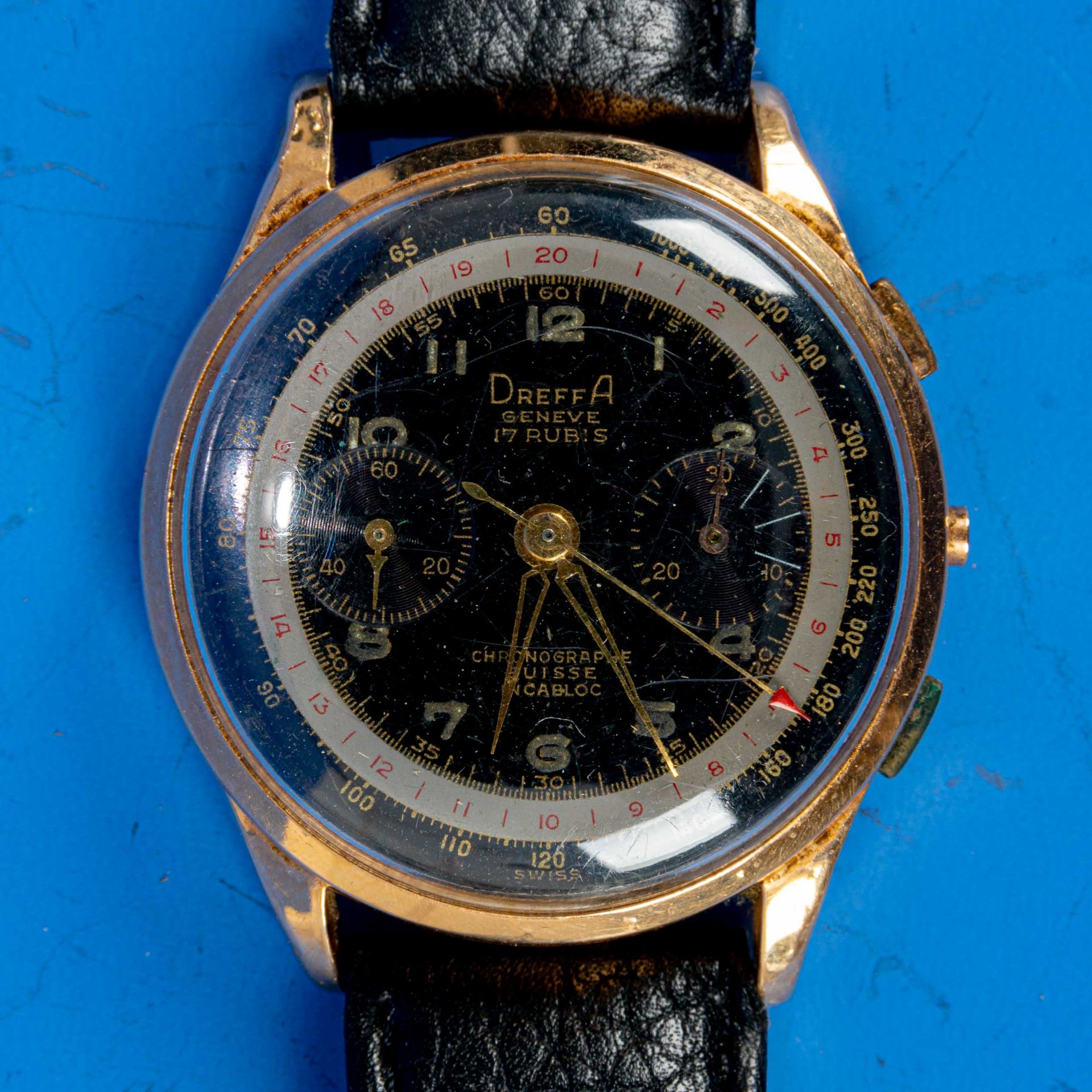 "DREFFA" - Chronograph Herrenarmbanduhr. Ungeprüftes Uhrwerk in 18 k Gelbgoldgehäuse an getragenem  - Bild 2 aus 6