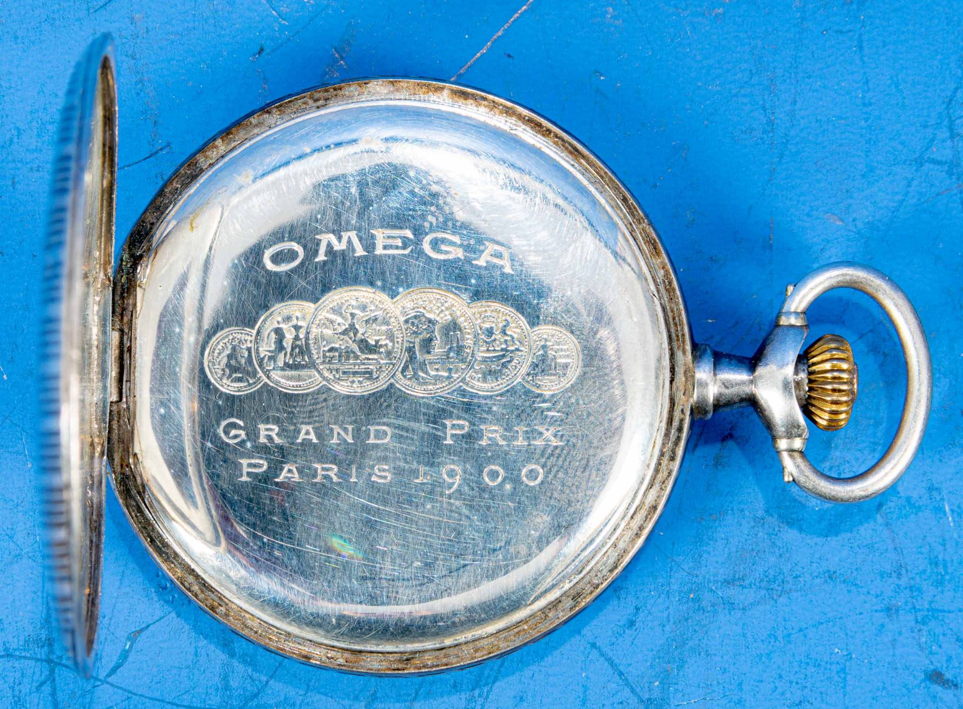 Antike OMEGA-Herrentaschenuhr, flaches 800er Silber-Gehäuse mit 3 Deckeln, die äußeren Deckel mit t - Image 4 of 7