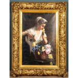 "Südländische Schönheit mit Blumenkorb". Spätromantisches Gemälde, Öl auf Leinwand, ca. 106 x 69 cm