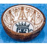 Alte/antike Kumme, dickwandige Keramikschale mit hoher Wandung, polychromer Dekor auf Krakelee-Glas