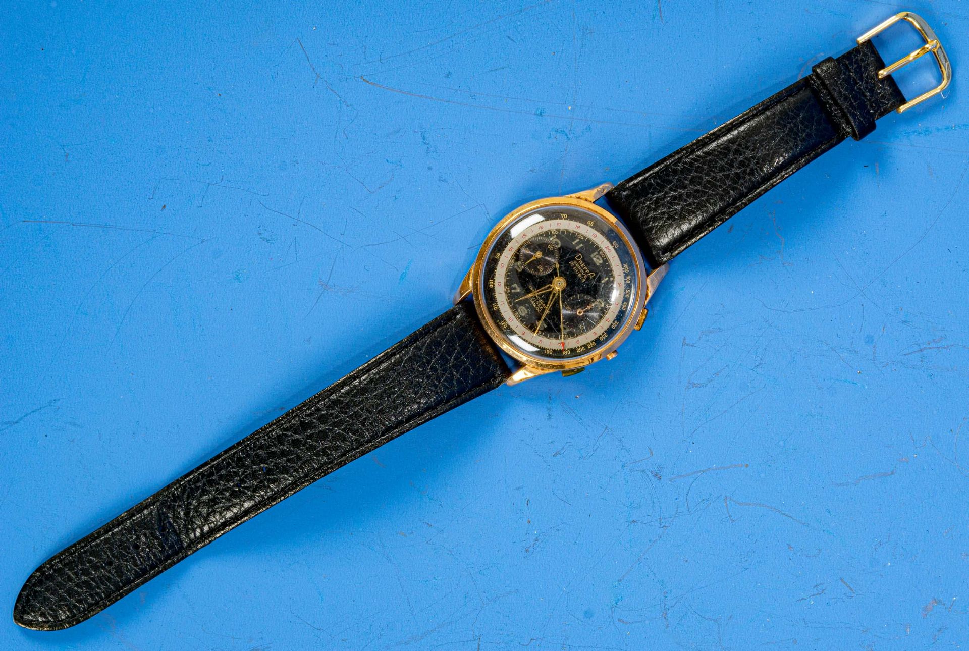 "DREFFA" - Chronograph Herrenarmbanduhr. Ungeprüftes Uhrwerk in 18 k Gelbgoldgehäuse an getragenem  - Bild 3 aus 6