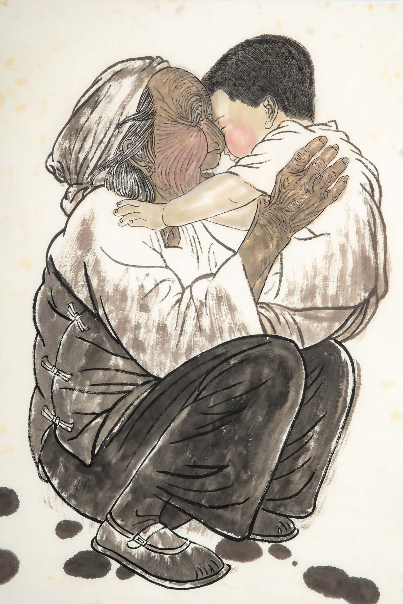 "Innige Umarmung", Tuschmalerei auf Seidenpapier o. ä.; gefühlsstarke Szene sich herzlich umarmende - Bild 4 aus 5