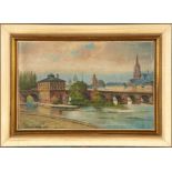 "Mainbrücke in Frankfurt / Main", Gemälde Öl auf Hartfaserplatte, ca. 30 x 46 cm, unten links signi