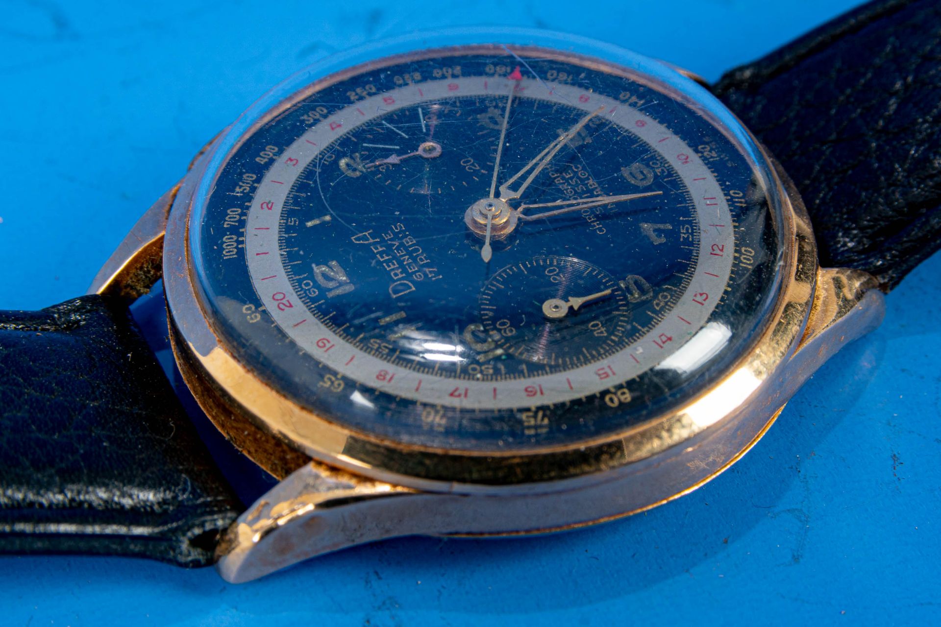 "DREFFA" - Chronograph Herrenarmbanduhr. Ungeprüftes Uhrwerk in 18 k Gelbgoldgehäuse an getragenem  - Bild 5 aus 6
