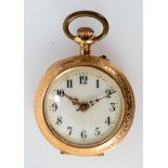 Elegante 585er Gelbgold Damentaschenuhr, durchbrochen gearbeitete Zeiger, weißes Porzellanziffernbl